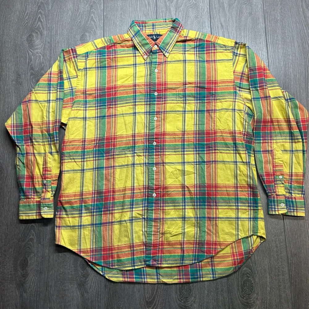 Vintage Ralph Lauren Blake Plaid Shirt Mens XL Yellow Red Green Button Down